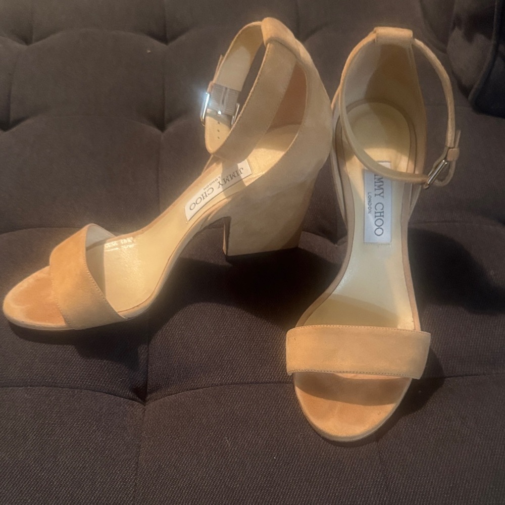 Jimmy Choo Camel Suede Ankle Strap Heels